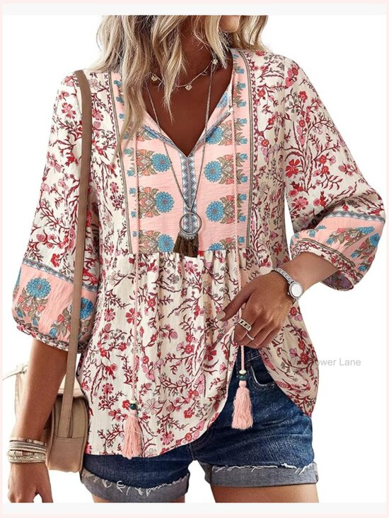 Tops - Boho Babydoll Top 3/4 Lantern Sleeve Peplum Blouse V-Neck Tie Front Tunic
